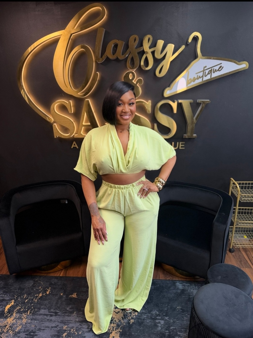 Classy & Sassy Lime Two-Piece Wide-Leg Jumpsuit Set